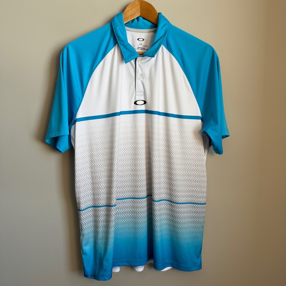 Oakley Mens Performance Golf‎ Polo Shirt Blue White Gradient Short Sleeve